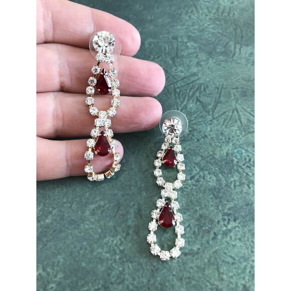 Red & White Pierced Earrings Rhinestone Teardrops - Picture 2 of 3